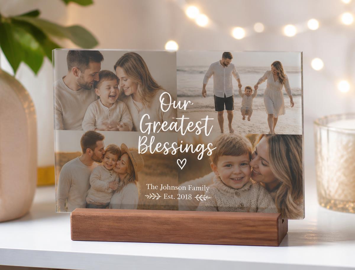 Personalised photo memory plaque on a wooden stand with a family photo collage